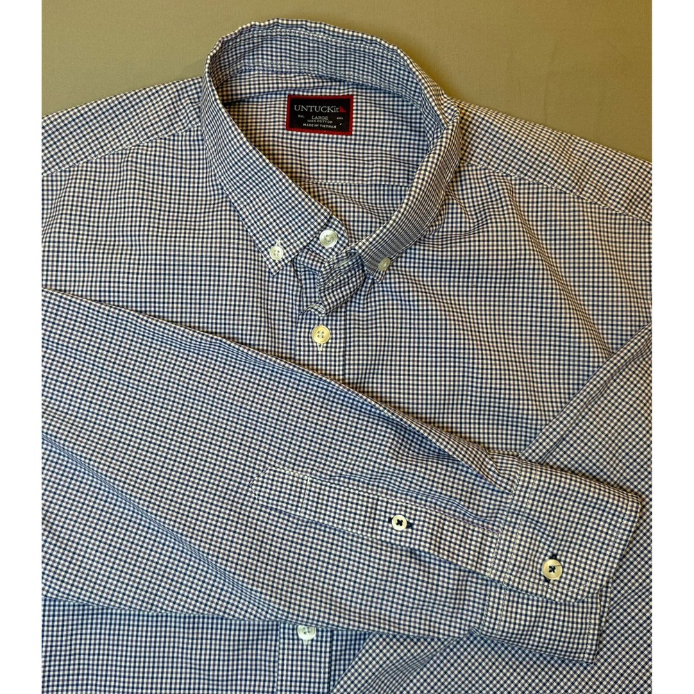 UNTUCKit Mens Large Blue Purple Gingham Cotton Long Sleeve Button Down Shirt